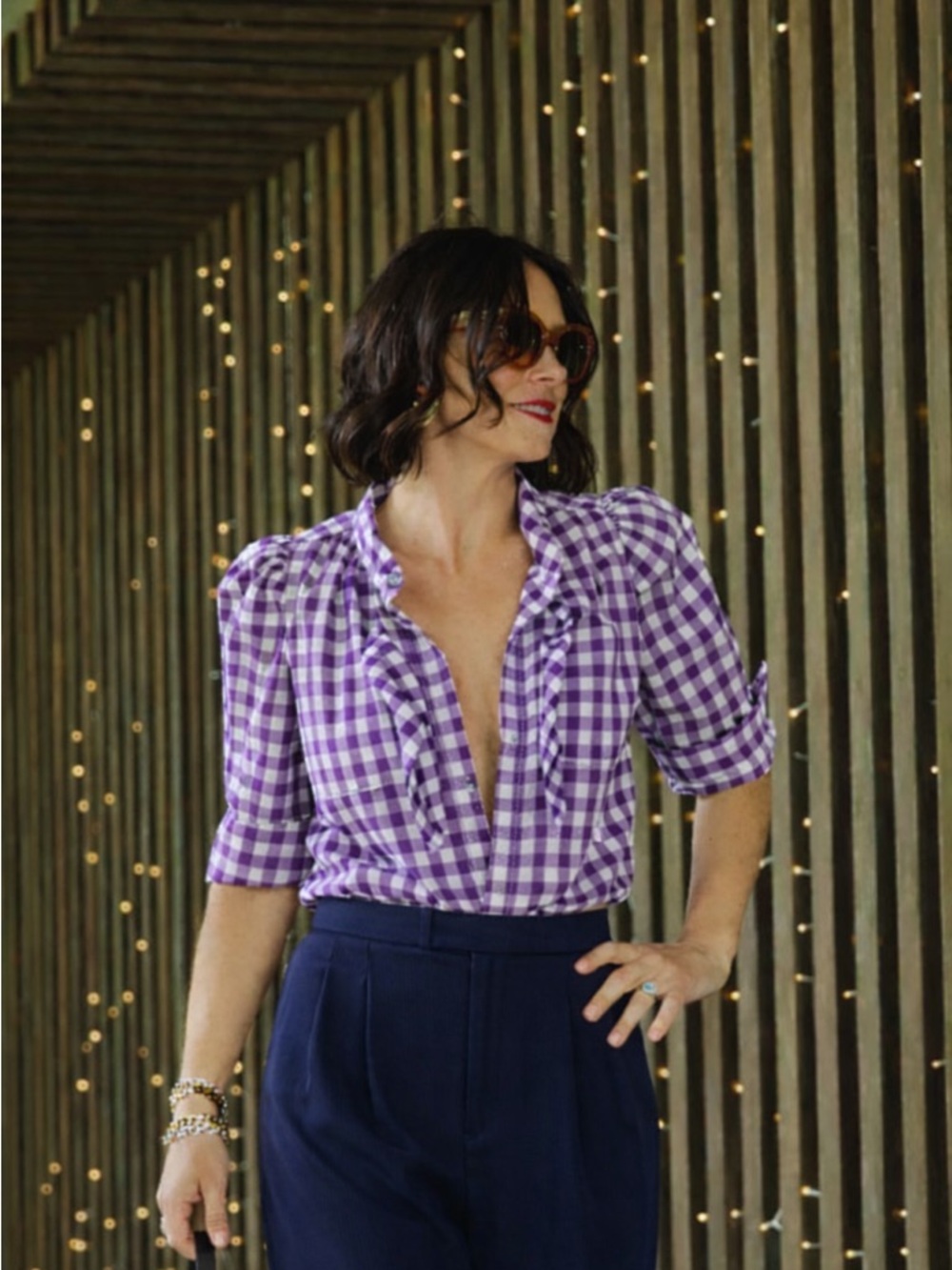 Women’s Purple Gingham Ruffle-Trim Blouse